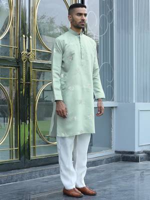 Cotton silk yoke design embroidered green kurta 4