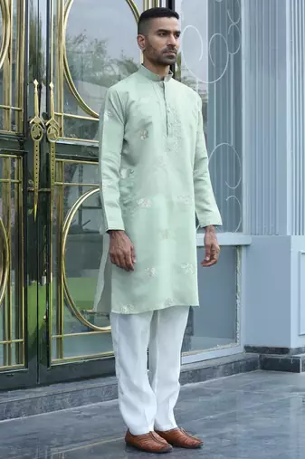 Cotton silk yoke design embroidered green kurta