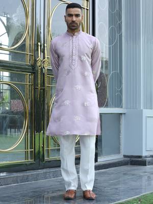 Cotton silk yoke design embroidered mauve kurta 1