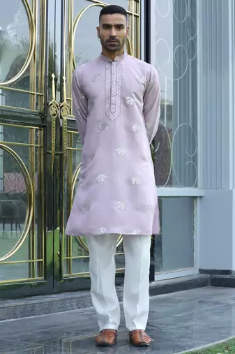 Cotton silk yoke design embroidered mauve kurta
