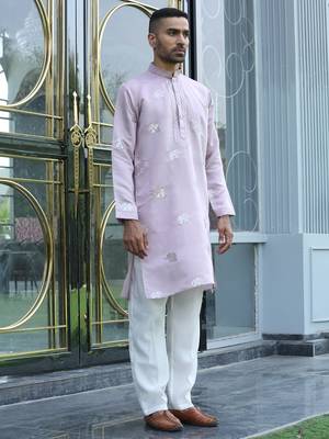 Cotton silk yoke design embroidered mauve kurta 4