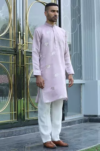 Cotton silk yoke design embroidered mauve kurta