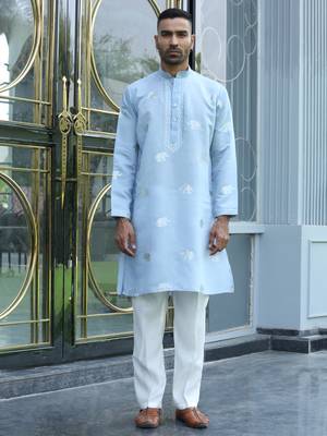 Cotton silk yoke design embroidered sky blue kurta 1