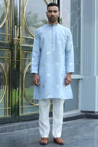 Cotton silk yoke design embroidered sky blue kurta