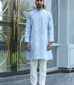 Cotton silk yoke design embroidered sky blue kurta
