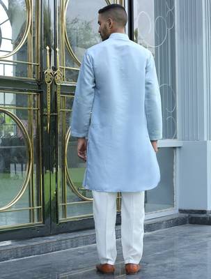 Cotton silk yoke design embroidered sky blue kurta 3