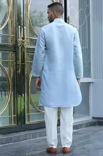 Cotton silk yoke design embroidered sky blue kurta