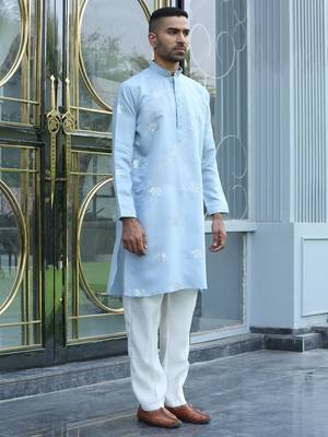 Cotton silk yoke design embroidered sky blue kurta 4