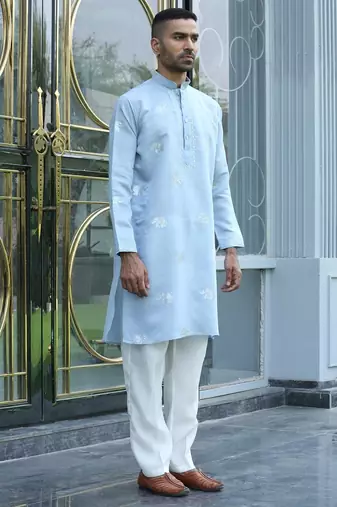 Cotton silk yoke design embroidered sky blue kurta
