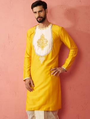 yellow viscose kurta - long embroidered festive ethnic wear for wedding diwali 1