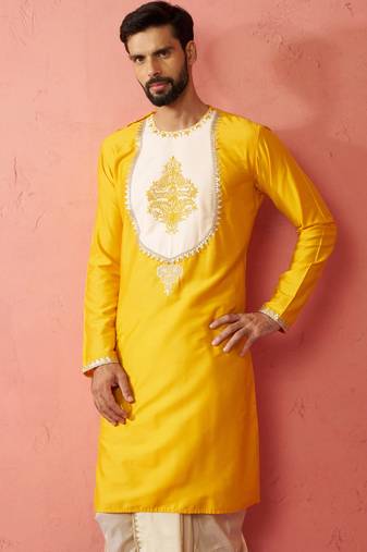 Vastramay men's yellow viscose kurta - long embroidered festive ethnic wear for wedding diwali