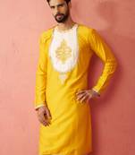 yellow viscose kurta - long embroidered festive ethnic wear for wedding diwali