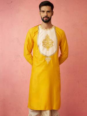 yellow viscose kurta - long embroidered festive ethnic wear for wedding diwali 3