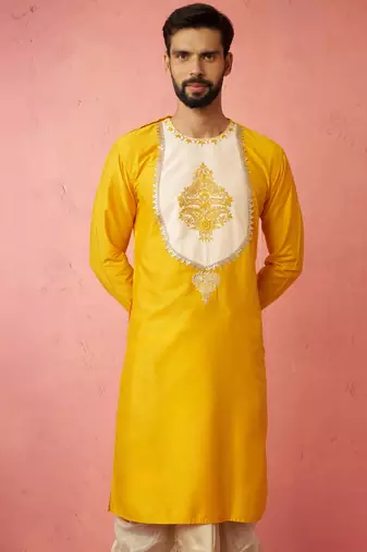yellow viscose kurta - long embroidered festive ethnic wear for wedding diwali