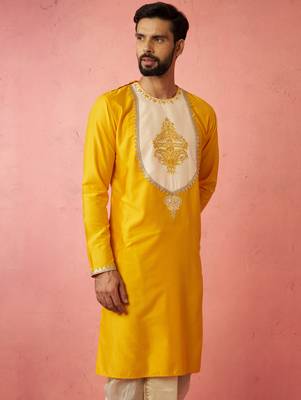 yellow viscose kurta - long embroidered festive ethnic wear for wedding diwali 4