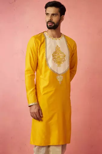 yellow viscose kurta - long embroidered festive ethnic wear for wedding diwali