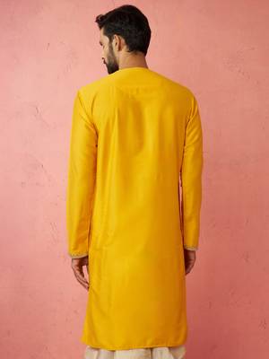 yellow viscose kurta - long embroidered festive ethnic wear for wedding diwali 5