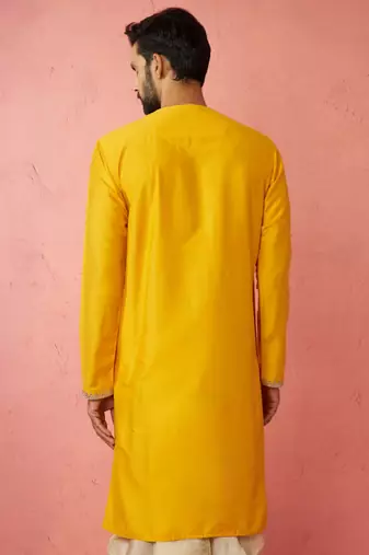 yellow viscose kurta - long embroidered festive ethnic wear for wedding diwali