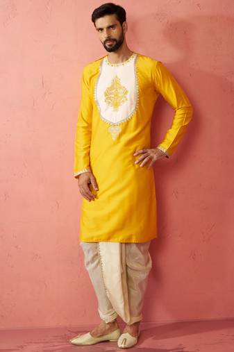 Vastramay men's yellow viscose embroidered kurta with beige tissue dhoti set - traditional wedding festive wear