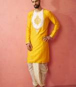 yellow viscose embroidered kurta with beige tissue dhoti set - traditional wedding festive wear