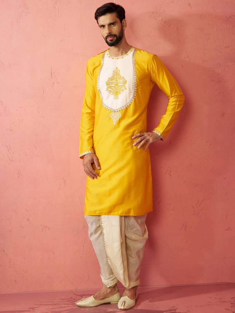 Vastramay men's yellow viscose embroidered kurta with beige tissue dhoti set - traditional wedding festive wear