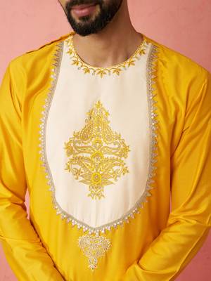 yellow viscose embroidered kurta with beige tissue dhoti set - traditional wedding festive wear 2