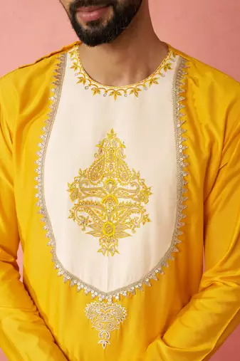 yellow viscose embroidered kurta with beige tissue dhoti set - traditional wedding festive wear