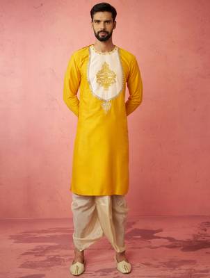 yellow viscose embroidered kurta with beige tissue dhoti set - traditional wedding festive wear 3