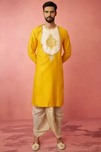 yellow viscose embroidered kurta with beige tissue dhoti set - traditional wedding festive wear