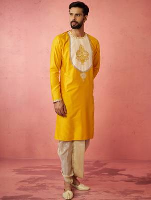 yellow viscose embroidered kurta with beige tissue dhoti set - traditional wedding festive wear 4
