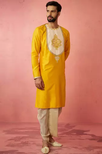 yellow viscose embroidered kurta with beige tissue dhoti set - traditional wedding festive wear