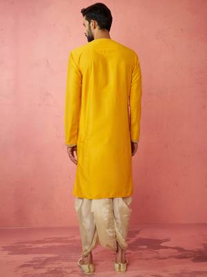 yellow viscose embroidered kurta with beige tissue dhoti set - traditional wedding festive wear 5