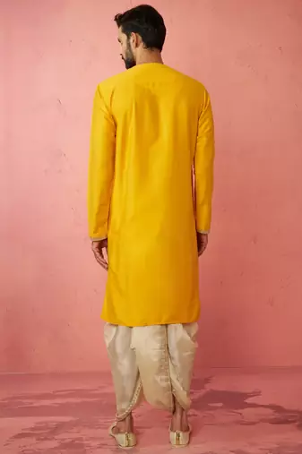 yellow viscose embroidered kurta with beige tissue dhoti set - traditional wedding festive wear