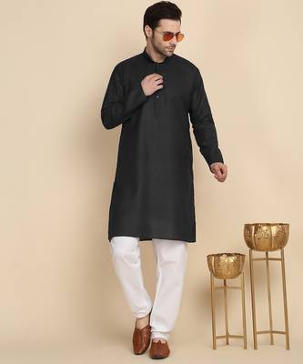 Cotton blend solid black kurta with pyjamas 1