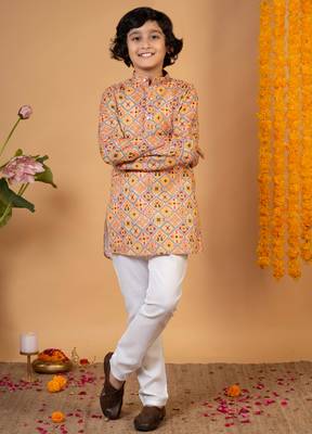 Boys mustard cotton blend diamond motifs printed kurta pyjama set 1