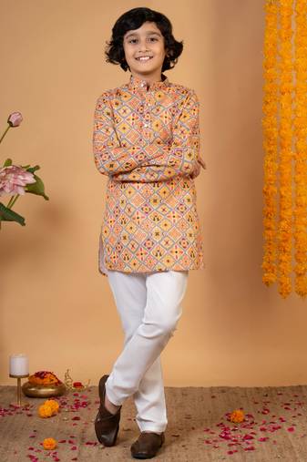 Boys mustard cotton blend diamond motifs printed kurta pyjama set