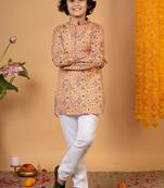 Boys mustard cotton blend diamond motifs printed kurta pyjama set