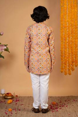 Boys mustard cotton blend diamond motifs printed kurta pyjama set 2