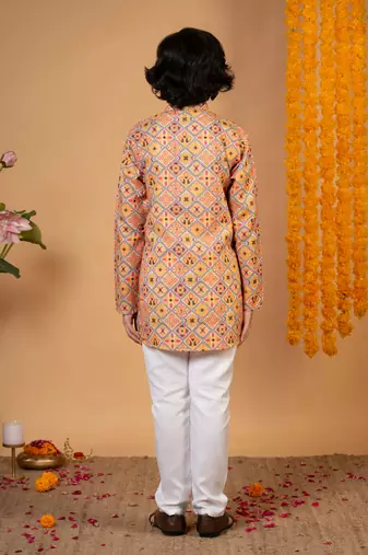 Boys mustard cotton blend diamond motifs printed kurta pyjama set