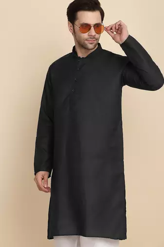 Cotton blend solid black kurta with pyjamas