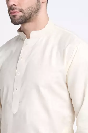 Cotton blend solid cream kurta with pyjamas