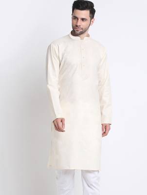 Cotton blend solid cream kurta with pyjamas 4