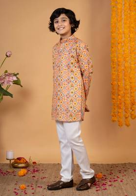 Boys mustard cotton blend diamond motifs printed kurta pyjama set 4