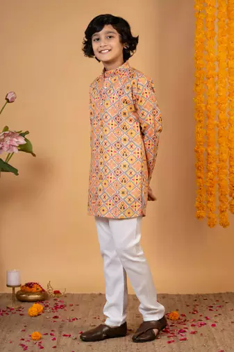 Boys mustard cotton blend diamond motifs printed kurta pyjama set