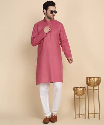 Cotton blend solid coral kurta with pyjamas 1