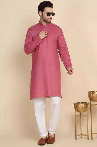 Cotton blend solid coral kurta with pyjamas