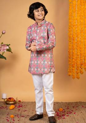 Boys multicolor cotton blend diamond motifs printed kurta pyjama set 1