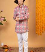 Boys multicolor cotton blend diamond motifs printed kurta pyjama set