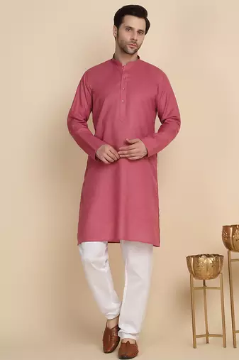 Cotton blend solid coral kurta with pyjamas