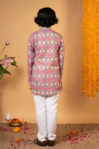 Boys multicolor cotton blend diamond motifs printed kurta pyjama set
